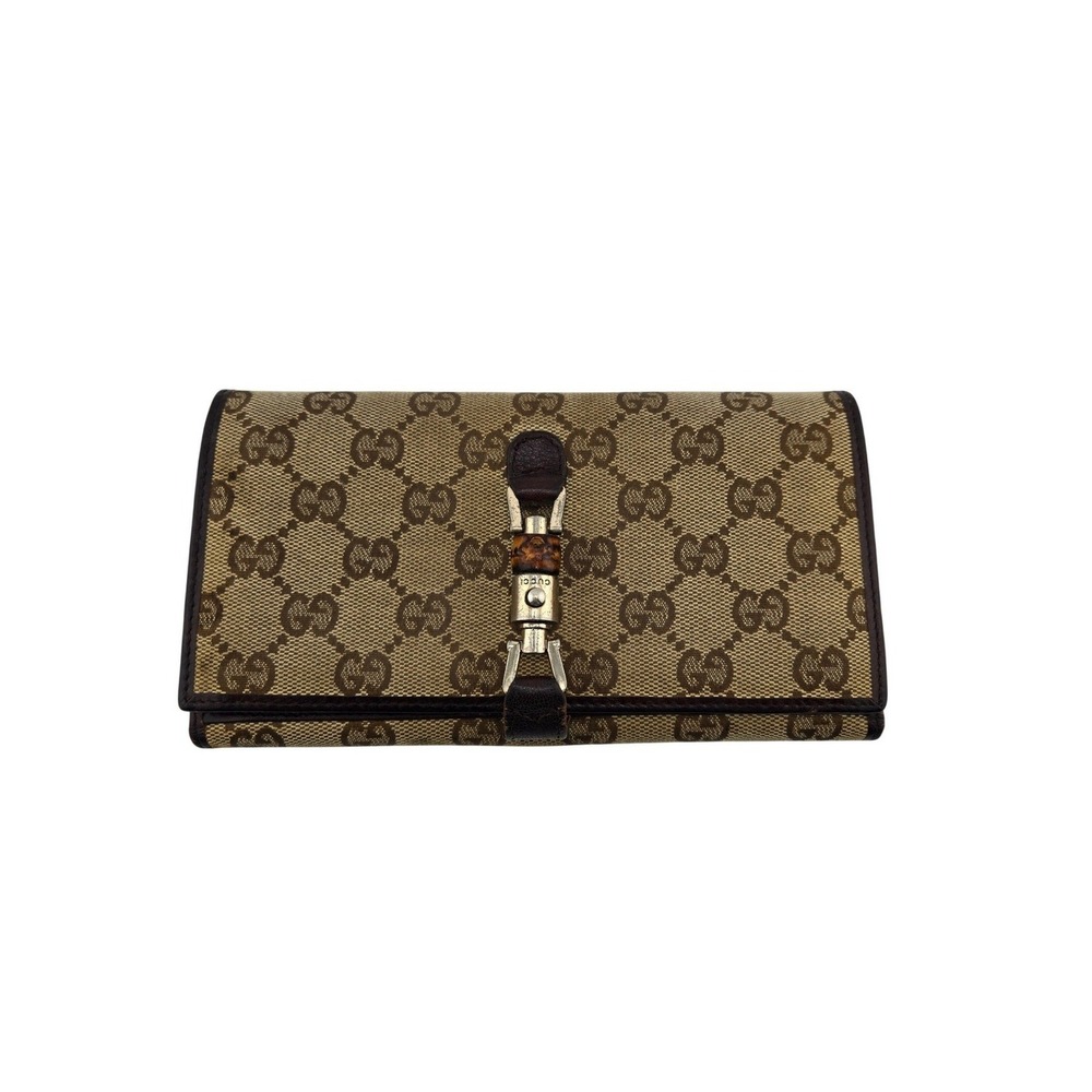 Gucci GG Monogram Jackie Bamboo Piston Clasp Long Wallet Brown Canvas 208566 - Picture 1 of 11